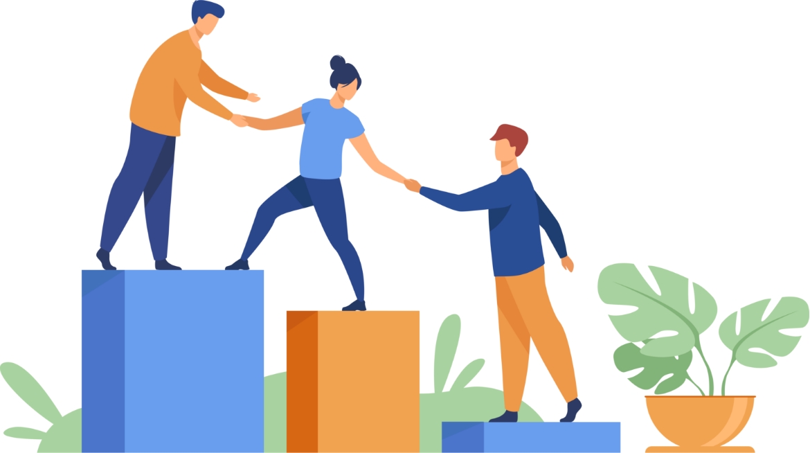 Drei Personen helfen sich gegenseitig, Treppen hinaufzusteigen